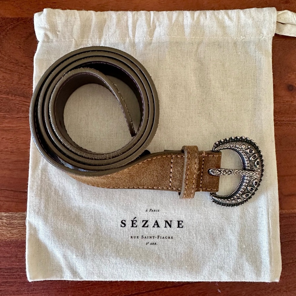 Sézane Fine Louve Brown Suede Belt with Silver Buckle